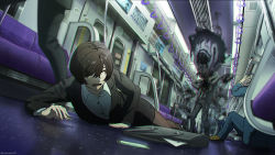 Rule 34 | 1girl, 4boys, black pantyhose, black suit, blue suit, brown hair, commentary request, crying, crying with eyes open, formal, ghost, hand grip, highres, hirokima, long sleeves, lying, multiple boys, office lady, original, pantyhose, possessed, running, scared, scenery, shirt, short hair, solo focus, subway, suit, tears, train interior, white shirt
