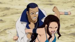 Rule 34 | 1boy, 1girl, animated, animated gif, armlock, bikini, black hair, bouncing breasts, breasts, brown hair, cana alberona, cleavage, fairy tail, implied sex, large breasts, long hair, macao conbolt, patch, restrained, sexually suggestive, swimsuit, warped context, wavy hair, wince