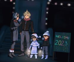 Rule 34 | 2023, 2boys, 2girls, absurdres, beanie, black hair, blonde hair, blue eyes, blush, boots, breasts, breath, brown eyes, brown hair, child, cloud strife, coat, denzel (ff7), earmuffs, family, final fantasy, final fantasy vii, final fantasy vii advent children, fireworks, full body, gloves, hair ribbon, hand in pocket, hand on another&#039;s head, hat, highres, hugo artist, jacket, large breasts, lights, long hair, looking at another, marlene wallace, multiple boys, multiple girls, new year, night, outdoors, pants, red eyes, ribbon, scarf, short hair, smile, sparkler, spiked hair, square enix, standing, tifa lockhart, winter clothes, winter coat