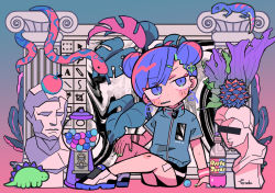Rule 34 | apple, apple on head, bangs pinned back, blue eyes, blue hair, bust (sculpture), censored, chewing gum, dinosaur, double bun, facing viewer, food, fruit, gradient background, green nails, gumball machine, hair bun, hair ornament, hairclip, hand on own knee, identity censor, jacket, lizard, looking at viewer, microsoft paint (software), mspaint, nail polish, original, red apple, shoes, short sleeves, signature, sitting, snake, sneakers, soda bottle, statue, sweatband, terada tera, vaporwave