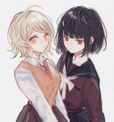 Rule 34 | 2girls, :o, ahoge, akamatsu kaede, alternate eye color, alternate hair length, alternate hairstyle, black hair, black sailor collar, blonde hair, blunt bangs, blush, bob cut, breasts, brown skirt, collarbone, collared shirt, commentary, danganronpa (series), danganronpa v3: killing harmony, expressionless, fortissimo, hair ornament, hairclip, harukawa maki, highres, long sleeves, looking at viewer, medium breasts, mole, mole under eye, multiple girls, musical note, musical note hair ornament, necktie, nokoru sora, open mouth, pink sweater vest, pink vest, pleated skirt, red eyes, sailor collar, school uniform, shirt, short hair, simple background, skirt, smile, sweater vest, symbol-only commentary, upper body, vest, white shirt