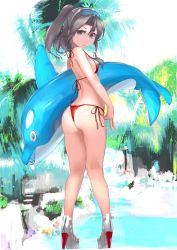 Rule 34 | 1girl, absurdres, ass, bikini, breasts, commentary, dolphin, eyewear on head, fei (feikotake), full body, grey eyes, grey hair, halterneck, high ponytail, highres, inflatable toy, kantai collection, long hair, looking at viewer, looking back, red bikini, side-tie bikini bottom, small breasts, solo, standing, string bikini, sunglasses, swimsuit, symbol-only commentary, toeless footwear, zuihou (kancolle)
