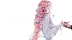 Rule 34 | 1girl, blush, braid, commentary, dress, english commentary, fingernails, flower, from side, grey eyes, hair flower, hair ornament, half-closed eyes, highres, hand grab, jewelry, lipstick, long hair, makeup, original, pigeon666, pink flower, pink hair, red flower, red lips, ring, simple background, single braid, smile, solo focus, very long hair, white background, white dress