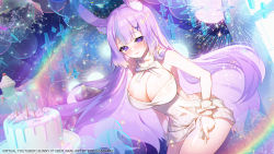 Rule 34 | 1girl, :3, absurdres, animal ears, apple caramel, artist name, blush, breasts, character name, cleavage, cleavage cutout, closed mouth, clothing cutout, commission, highres, indie virtual youtuber, large breasts, long hair, looking at viewer, meme attire, nari (bunnarie), purple eyes, purple hair, rabbit ears, rabbit girl, virgin killer sweater, virtual youtuber