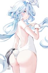 Rule 34 | 1girl, absurdres, animal ears, ass, backless leotard, blue eyes, blue hair, blush, commentary, cowboy shot, dasha, fake animal ears, fake tail, from behind, furina (genshin impact), genshin impact, gloves, hair between eyes, heterochromia, highres, leotard, light blue hair, long hair, looking at viewer, looking back, multicolored hair, parted lips, playboy bunny, rabbit ears, rabbit tail, romaji commentary, sidelocks, simple background, single glove, solo, streaked hair, tail, white gloves, white leotard