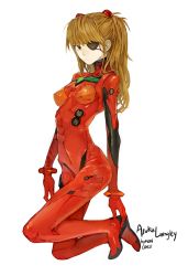Rule 34 | 10s, 1girl, artist name, black eyes, blue eyes, bodysuit, bracer, breasts, brown hair, character name, closed mouth, dated, evangelion: 3.0 you can (not) redo, expressionless, eyepatch, from side, full body, gloves, headgear, hip bones, kneeling, legs together, long hair, looking at viewer, memipong, neon genesis evangelion, orange hair, pilot suit, plugsuit, rebuild of evangelion, simple background, skin tight, skinny, small breasts, solo, souryuu asuka langley, tape, turtleneck, white background