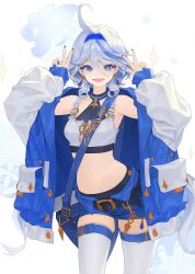 Rule 34 | 1girl, :d, absurdres, alternate costume, armpits, bag, belt, blue eyes, blue hair, blue hairband, blue jacket, blue nails, blue shorts, collarbone, cowboy shot, daeho cha, drop-shaped pupils, earrings, furina (genshin impact), genshin impact, gentilhomme usher, hair between eyes, hairband, heterochromia, highres, jacket, jewelry, light blue hair, long bangs, long hair, looking at viewer, mademoiselle crabaletta, mismatched pupils, multicolored hair, nail polish, navel, open clothes, open jacket, open mouth, oversized clothes, shorts, shoulder bag, simple background, skindentation, smile, solo, stomach, streaked hair, surintendante chevalmarin, symbol-shaped pupils, thigh belt, thigh strap, thighhighs, toenail polish, toenails, v, wavy hair, white background, white thighhighs