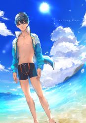 Rule 34 | 1boy, arms at sides, artist request, black hair, black jammers, black male swimwear, blue eyes, blue jacket, blue sky, cloud, collarbone, english text, feet out of frame, hair between eyes, high speed!, jacket, jammers, lens flare, looking at viewer, male focus, male swimwear, nanase haruka (free!), navel, nipples, open clothes, open jacket, outdoors, pectorals, sky, solo, swimsuit