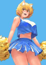 Rule 34 | 1girl, :d, absurdres, animal ear fluff, animal ears, bad anatomy, bare shoulders, blonde hair, blue background, blue shirt, blue skirt, blush, breasts, chanta (ayatakaoisii), cheerleader, commentary request, cowboy shot, crop top, extra ears, fox ears, from below, hair between eyes, highres, holding, large breasts, looking at viewer, midriff, navel, no headwear, no tail, open mouth, panties, pom pom (cheerleading), shirt, short hair, skirt, smile, solo, sweat, touhou, underwear, white panties, yakumo ran, yellow eyes