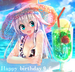 Rule 34 | 1girl, :d, amakawa sakko, anceril sacred, bad id, bad pixiv id, blue eyes, borrowed character, breasts, cleavage, dated, drink, food, glass, hair ornament, happy birthday, hat, ice cream, large breasts, long hair, looking at viewer, md5 mismatch, open mouth, original, silver hair, smile, solo
