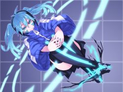 Rule 34 | 1girl, blue eyes, blue hair, ene (kagerou project), headphones, kagerou project, long hair, looking at viewer, matsuryuu, smile, solo, thighhighs, twintails