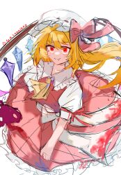 Rule 34 | 1girl, ascot, blonde hair, crystal wings, dress, fang, flandre scarlet, frills, from above, hair ribbon, hat, long hair, mob cap, red dress, red eyes, red ribbon, ribbon, simple background, syazenn 1208, touhou, white background, yellow ascot