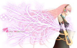 Rule 34 | 1girl, belt, black dress, blue eyes, blue gemstone, blue nails, breasts, brooch, character name, closed mouth, cowboy shot, detached sleeves, dress, expressionless, flower, from side, gem, glowing, headphones, headset, holding, jewelry, koumei (artist), koumei (harmonizer), long hair, long sleeves, lying, medium breasts, megurine luka, nail polish, on stomach, pink hair, profile, solo, standing, striped, vertical stripes, very long hair, vocaloid, wallpaper