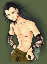 Rule 34 | 1boy, artist request, detached sleeves, earrings, fishnets, gradient background, jewelry, lowres, male focus, nara shikamaru, naruto, naruto (series), smoking, solo, topless male