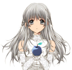 Rule 34 | 1girl, apple, bare shoulders, blue apple, braid, closed mouth, detached sleeves, dress, food, fruit, gloves, grey eyes, grey hair, holding, holding food, holding fruit, long hair, long sleeves, looking at viewer, misteor, original, solo, white background, white dress, white gloves