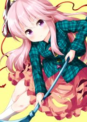 Rule 34 | 1girl, bubble skirt, circle, collared shirt, cross, green shirt, hair between eyes, hata no kokoro, highres, holding, holding naginata, holding polearm, holding spear, holding weapon, long hair, long sleeves, looking at viewer, mask, mask on head, naginata, noh mask, orange skirt, pink hair, plaid, plaid shirt, polearm, purple eyes, red ribbon, ribbon, ruu (tksymkw), shirt, simple background, skirt, solo, spear, standing, star (symbol), touhou, triangle, v-shaped eyebrows, weapon, white legwear, yellow background