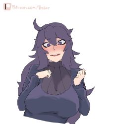 Rule 34 | baserguy, breasts, crazy, creatures (company), game freak, hex maniac (pokemon), highres, huge breasts, large breasts, nintendo, pokemon, pokemon xy, purple hair, short hair, thick thighs, thighs, turtleneck, white background, wide hips