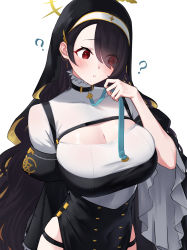 Rule 34 | 1girl, ?, absurdres, aoi riko, black choker, black hair, blue archive, breasts, chinese clothes, choker, cleavage, cleavage cutout, clothing cutout, dress, duplicate, earrings, eyes visible through hair, garter belt, habit, halo, highres, hinata (blue archive), holding necktie, jewelry, large breasts, nun, pelvic curtain, red eyes, side slit, simple background, skindentation, solo, swept bangs, turtleneck, white background, wide sleeves