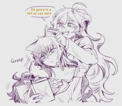 Rule 34 | 2girls, ahoge, animal ears, arm around neck, ascot, blake belladonna, book, cat ears, commentary, english commentary, english text, greyscale, hiru315, holding, holding book, long hair, long sleeves, monochrome, multiple girls, open book, open mouth, rwby, simple background, smile, speech bubble, teeth, upper teeth only, yang xiao long