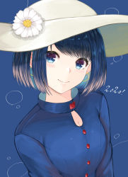 Rule 34 | 1girl, 2020, absurdres, black hair, blue background, blue dress, blue eyes, blue hair, blush, breasts, cleavage, closed mouth, commentary request, dress, earrings, flower, hat, hat flower, highres, hoop earrings, jewelry, multicolored hair, original, simple background, small breasts, smile, solo, sun hat, temari rin, two-tone hair, upper body, white flower, white hat