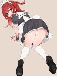 Rule 34 | 1girl, all fours, apron, ass, black dress, black footwear, blush, bocchi the rock!, dress, green eyes, highres, kita ikuyo, long hair, looking at viewer, looking back, maid, maid apron, maid headdress, one side up, panties, red hair, short sleeves, simple background, thighhighs, thighs, ukitaryu, underwear, white apron, white thighhighs, wrist cuffs