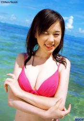 Rule 34 | asian, av idol, beach, bikini, breasts, chiharu kazuki, day, one eye closed, outdoors, photo (medium), smile, solo, swimsuit, wink
