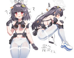 Rule 34 | 1girl, ?, @ @, animal ears, belt pouch, binoculars, black hair, blue archive, bright pupils, fake animal ears, female focus, gloves, gun, halo, harness, highres, knee pads, leaf, leaf on head, long hair, looking at viewer, miyu (blue archive), no pants, no shirt, panties, pantyhose, pouch, rabbit ears, rifle, ryoma (rym 369), short hair, simple background, sitting, standing, underwear, weapon, white background, white panties, white pupils