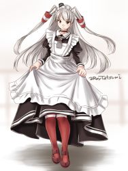 Rule 34 | 1girl, adapted costume, alternate costume, amatsukaze (kancolle), apron, brown background, brown dress, commentary request, dress, enmaided, frilled apron, frills, full body, grey background, hair tubes, hat, holding, holding clothes, holding dress, kantai collection, long hair, long sleeves, looking at viewer, maid, maid headdress, mini hat, one-hour drawing challenge, pantyhose, red pantyhose, silver hair, solo, striped clothes, striped pantyhose, tatsumi ray, twitter username, two side up, white apron, white background