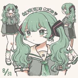 Rule 34 | 1girl, black skirt, blush, character name, closed mouth, dated, detached sleeves, ebiebi, green hair, green neckerchief, grey shirt, hair ornament, hatsune miku, highres, long hair, looking to the side, loose socks, multiple views, neckerchief, pleated skirt, sailor collar, shirt, simple background, skirt, socks, standing, twintails, upper body, vocaloid, white footwear, white sailor collar, white socks