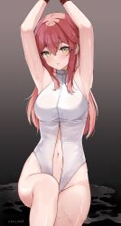 Rule 34 | 1girl, armpits, arms up, bare shoulders, bound, breasts, choker, full-length zipper, gradient background, highres, kaetzchen, large breasts, liliya (kaetzchen), long hair, looking at viewer, navel, one-piece swimsuit, original, parted lips, red hair, restrained, sitting, solo, swimsuit, thighs, wet, white choker, white one-piece swimsuit, yellow eyes, zipper
