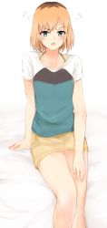 Rule 34 | 1girl, arm support, blonde hair, blush, brown hair, collarbone, green eyes, hand on lap, highres, looking at viewer, miniskirt, miyamori aoi, multicolored hair, multicolored shirt, open mouth, pencil skirt, roots (hair), shirobako, short hair, short sleeves, sitting, skirt, solo, tahita1874, two-tone hair, v-shaped eyebrows, yellow skirt