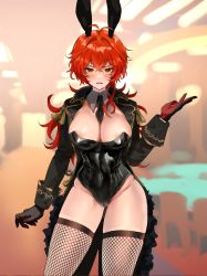 Rule 34 | 1girl, absurdres, animal ears, antenna hair, areola slip, bad id, bad twitter id, between breasts, black gloves, black jacket, blurry, blurry background, blush, breasts, commentary request, covered navel, detached collar, diluc (genshin impact), fake animal ears, fishnet thighhighs, fishnets, furrowed brow, genderswap, genderswap (mtf), genshin impact, gloves, highres, hominamia, jacket, large breasts, leotard, long hair, long sleeves, necktie, necktie between breasts, open clothes, open jacket, open mouth, playboy bunny, ponytail, rabbit ears, red eyes, red gloves, red hair, solo, strapless, strapless leotard, tassel, thighhighs, wing collar