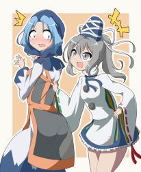 Rule 34 | +++, 2girls, :d, ass, blue eyes, blue hair, blue headwear, blue hood, blue ribbon, blue skirt, blush, breasts, bwell, commentary request, cowboy shot, dress, grey eyes, grey hair, hat, hood, hood up, japanese clothes, kariginu, kesa, kumoi ichirin, long dress, long hair, long sleeves, looking at another, mononobe no futo, multiple girls, neck ribbon, open mouth, orange background, parted bangs, pom pom (clothes), ponytail, ribbon, ribbon-trimmed sleeves, ribbon trim, skirt, small breasts, smile, surprised, sweat, tate eboshi, touhou, two-tone background, white background, white dress, wide sleeves