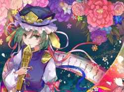 Rule 34 | 1girl, arm ribbon, blue background, blue hat, blue vest, camellia, cherry blossoms, colorful, commentary request, epaulettes, floral background, flower, green eyes, green hair, hair between eyes, hat, holding, juliet sleeves, kazu (muchuukai), light particles, light smile, long sleeves, looking at viewer, puffy sleeves, ribbon, rod of remorse, scroll, shiki eiki, shirt, short hair, solo, touhou, upper body, vest, white shirt