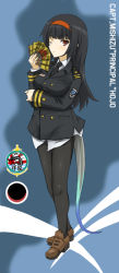 Rule 34 | 1girl, bad id, bad pixiv id, black hair, commentary request, dakku (ogitsune), hand fan, houjou mishizu, long image, pantyhose, red eyes, solo, standing, strike witches, strike witches 1991, tail, tall image, uniform, world witches series