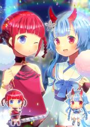 Rule 34 | 2girls, :d, :o, asukagawa chise, bare shoulders, belt, black collar, black footwear, black skirt, blue archive, blue eyes, blue hair, blush, braid, camisole, chibi, chise (blue archive), closed mouth, collar, collarbone, commentary request, cotton candy, crossover, detached sleeves, dress, food, gridman universe, hands on own hips, holding, holding food, horns, kou hiyoyo, long hair, long sleeves, mole, mole under eye, multiple girls, name connection, one eye closed, open mouth, parted lips, red camisole, red eyes, red hair, red legwear, sailor collar, sailor dress, shoes, skirt, sleeveless, sleeveless dress, sleeves past wrists, smile, ssss.dynazenon, studded belt, thighhighs, twin braids, twintails, white dress, white sailor collar, white sleeves