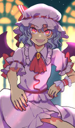 Rule 34 | 1girl, :d, blue hair, blurry, blurry background, bow, bowtie, crossed legs, dress, fang, frilled dress, frills, hat, highres, indoors, invisible chair, mob cap, nayozane (worker7), open mouth, orange eyes, pink dress, puffy short sleeves, puffy sleeves, red bow, red bowtie, remilia scarlet, short sleeves, sitting, smile, solo, touhou, wings