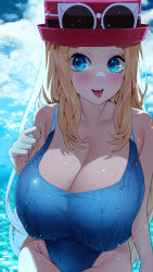 Rule 34 | 1girl, alternate breast size, bare shoulders, blonde hair, blue eyes, blush, breasts, cleavage, collarbone, creatures (company), game freak, groin, hat, huge breasts, long hair, nintendo, one-piece swimsuit, open mouth, pokemon, pokemon xy, serena (pokemon), sumisumii, sunglasses, swimsuit, teeth, tongue, tongue out, upper body, wet, wet clothes, wet swimsuit