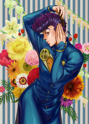 Rule 34 | 1boy, comb, flower, gakuran, higashikata josuke, jojo no kimyou na bouken, kanimaru, male focus, pompadour, purple hair, school uniform, solo