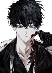 Rule 34 | 1boy, absurdres, black gloves, black hair, black shirt, blood, blood on clothes, blood on face, character request, coat, collared shirt, copyright request, expressionless, gloves, grey eyes, hand on own neck, highres, ku ha, looking at viewer, male focus, messy hair, parted lips, portrait, shirt, solo, white background, white coat