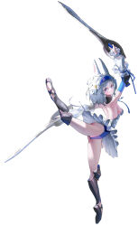 1girl absurdres animal_ears bare_shoulders black_footwear blue_eyes blue_hairband blue_leotard breasts detached_sleeves doubutsunoujyou dress dual_wielding flower grey_hair hair_flower hair_ornament hairband highres holding holding_weapon knee_armor leotard leotard_under_clothes long_sleeves looking_at_viewer looking_back medium_breasts original puffy_long_sleeves puffy_sleeves rabbit_ears shoes simple_background solo strapless strapless_dress twisted_torso weapon weapon_request white_background white_dress white_flower white_sleeves