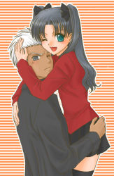 Rule 34 | 00s, 1boy, 1girl, ;d, archer (fate), black skirt, black thighhighs, blue eyes, brown hair, dark-skinned male, dark skin, fate/stay night, fate (series), hand on another&#039;s ass, long hair, long sleeves, looking at viewer, one eye closed, open mouth, skirt, smile, sweater, thighhighs, tohsaka rin, turtleneck, two side up, zettai ryouiki
