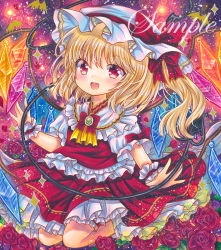 Rule 34 | 1girl, :d, ascot, bat (animal), blonde hair, bow, bowtie, brooch, crystal, flandre scarlet, floral background, flower, frilled shirt, frilled shirt collar, frilled skirt, frilled vest, frills, green brooch, hair between eyes, hair bow, hat, hat bow, hat ribbon, jewelry, laevatein (touhou), layered clothes, looking at viewer, marker (medium), medium hair, mob cap, open mouth, petals, purple background, rainbow order, red bow, red bowtie, red eyes, red flower, red ribbon, red rose, red skirt, ribbon, rose, rui (sugar3), sample watermark, shirt, short sleeves, side ponytail, skirt, skirt set, smile, solo, touhou, traditional media, upper body, vest, watermark, white hat, white shirt, wings, wrist cuffs, yellow ascot