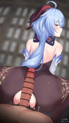 Rule 34 | 1boy, 1girl, absurdres, ahoge, ass, bar censor, bare shoulders, black pantyhose, blue hair, blush, buttjob, buttjob over clothes, censored, clothed female nude male, cowgirl position, detached sleeves, erection, from behind, ganyu (genshin impact), genshin impact, girl on top, grinding, half-closed eyes, hetero, highres, horns, leotard, long hair, long sleeves, looking back, nude, oz ma33, pantyhose, penis, purple eyes, squatting, straddling, sweat, torn clothes, torn legwear, veins, veiny penis