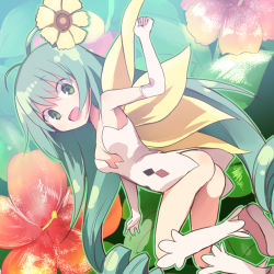 Rule 34 | 1girl, alraune (p&amp;d), ass, bare shoulders, breasts, chuuta (+14), flower, gloves, green eyes, green hair, long hair, looking at viewer, mandrake (p&amp;d), matching hair/eyes, puzzle &amp; dragons, solo, white gloves, yamahoshi