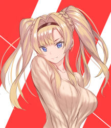 Rule 34 | 1girl, beige sweater, blonde hair, blue eyes, braid, breasts, closed mouth, collarbone, granblue fantasy, hair intakes, hairband, highres, large breasts, long hair, long sleeves, looking at viewer, red background, ribbed sweater, sidelocks, smile, striped, striped background, sweater, tekkai blade, twintails, white background, zeta (granblue fantasy)