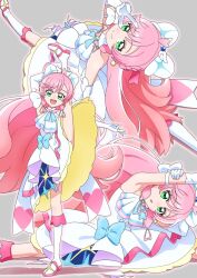 Rule 34 | blue bow, boots, bow, braid, braided sidelock, cure prism, dress, earrings, elbow gloves, flexible, full body, gloves, heart, highres, hirogaru sky! precure, jewelry, knee boots, long hair, looking at viewer, magical girl, nijigaoka mashiro, pink hair, precure, simple background, sleeveless, sleeveless dress, smile, split, standing, standing on one leg, standing split, stretching, tiler (tiler00), twin braids, very long hair, white bow, white dress, white footwear, white gloves