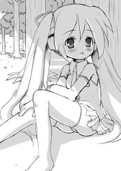 Rule 34 | 1girl, blush, greyscale, hatsune miku, long hair, monochrome, pikazo, sitting, sketch, solo, thighhighs, tree, twintails, under tree, very long hair, vocaloid
