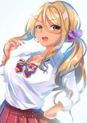 Rule 34 | 1girl, :d, blonde hair, borrowed character, bow, breasts, brown eyes, cleavage, hair between eyes, hair ornament, hairclip, highres, kinjyou (shashaki), large breasts, nail polish, open mouth, original, purple scrunchie, red bow, red nails, red skirt, ryo utomiya, school uniform, scrunchie, shirt, simple background, skirt, smile, twintails, white background, white shirt