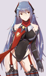 Rule 34 | 1girl, bare shoulders, breasts, brown eyes, covered navel, garter straps, gloves, highleg, highleg leotard, highres, joints, large breasts, leotard, long hair, nintendo, poppi (xenoblade), poppi qtpi (xenoblade), purple hair, robot joints, scarf, smile, solo, spoilers, thigh gap, very long hair, vic (vedream), xenoblade chronicles (series), xenoblade chronicles 2